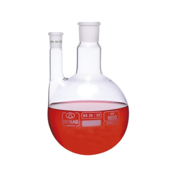 ISOLAB - Balon - Dibi Yuvarlak - 2 Boyunlu - Paralel Yan Boyun - Merkez Boyun : NS 29/32 - Yan Dişi Şilif : NS 19/26 - 1000 ml