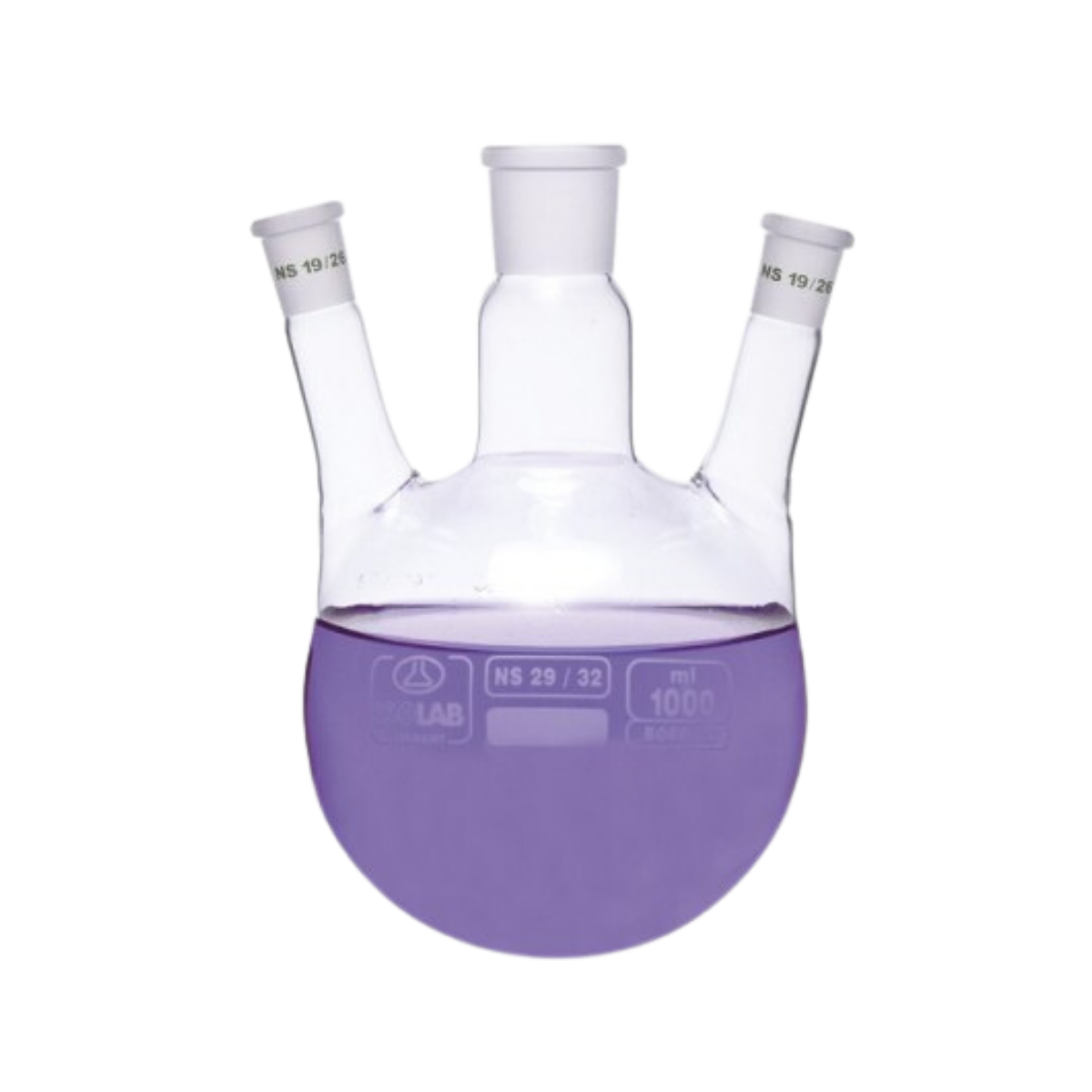 ISOLAB - Balon - Dibi Yuvarlak - 3 Boyunlu - Yan Dişi Şilif - Merkez Boyun : NS 29/32 - Yan Boyun(Lar) : NS 19/26 - 1000 ml