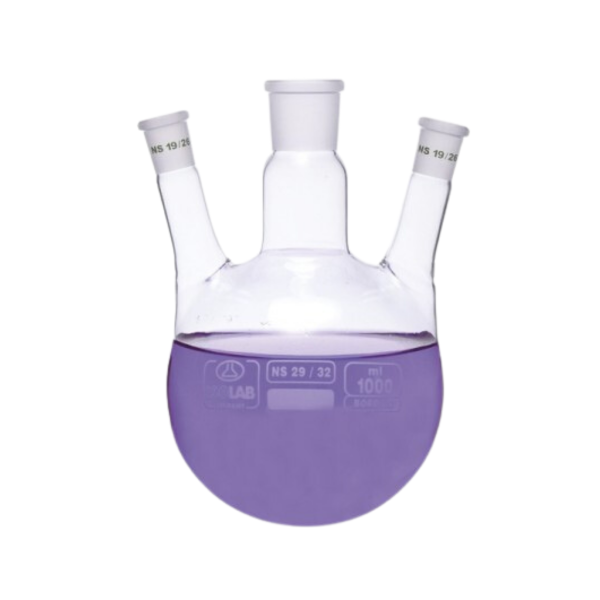 ISOLAB - Balon - Dibi Yuvarlak - 3 Boyunlu - Yan Dişi Şilif - Merkez Boyun : NS 29/32 - Yan Boyun(Lar) : NS 19/26 - 1000 ml