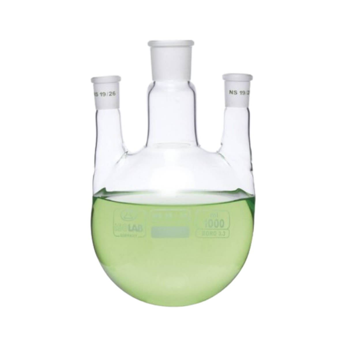 ISOLAB - Balon - Dibi Yuvarlak - 3 Boyunlu - Paralel Yan Boyun - Merkez Boyun : NS 24/29 - Yan Boyun(Lar) : NS 14/ 23 - 500 ml