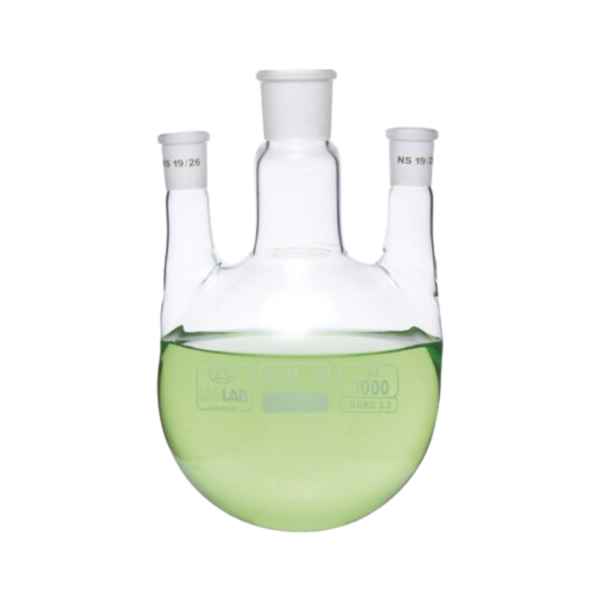 ISOLAB - Balon - Dibi Yuvarlak - 3 Boyunlu - Paralel Yan Boyun - Merkez Boyun : NS 24/29 - Yan Boyun(Lar) : NS 14/ 23 - 500 ml