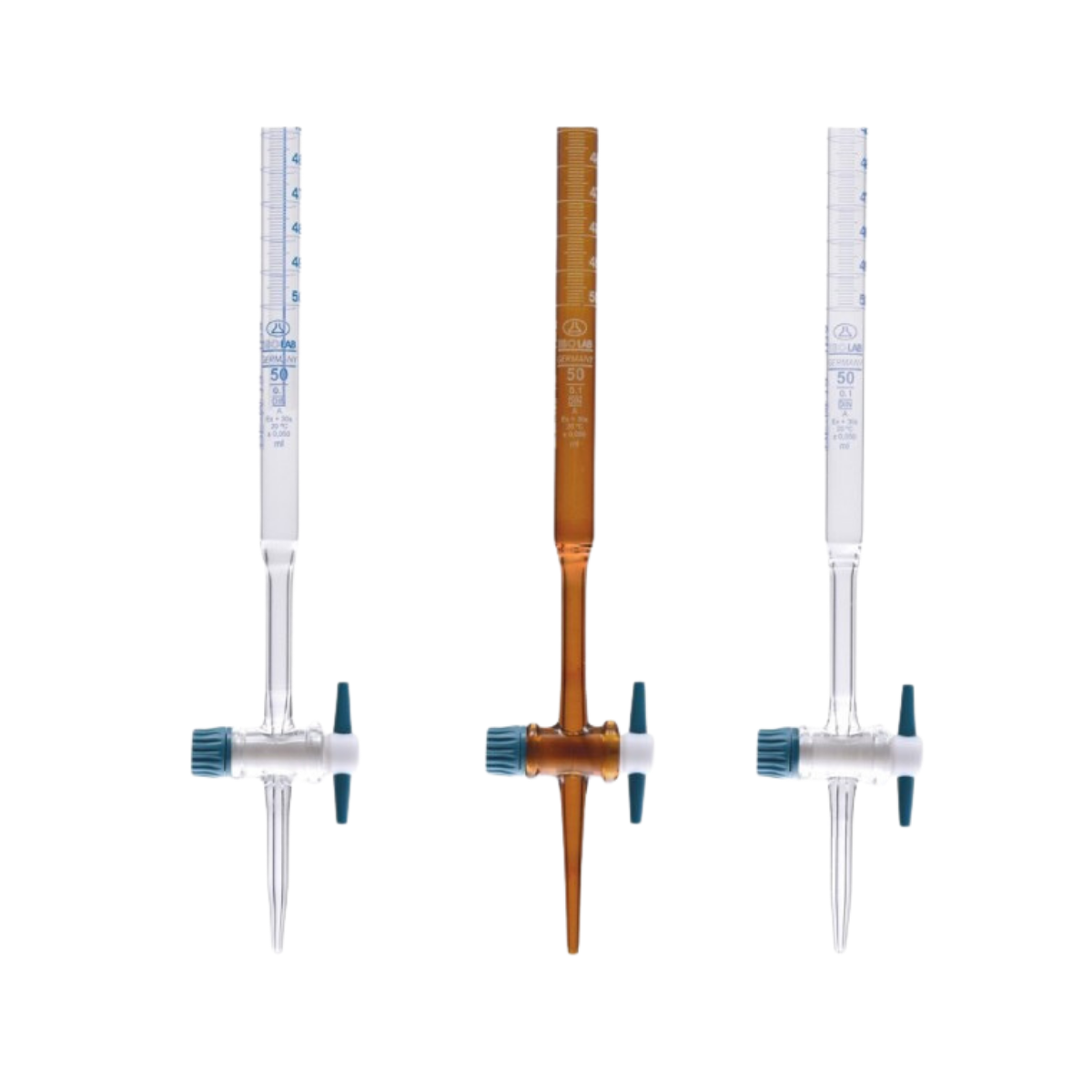 ISOLAB - Büret - Düz - Şeffaf - Ptfe Musluklu - As Kalite - Grup Sertifikalı - Mavi Skala - 50 ml