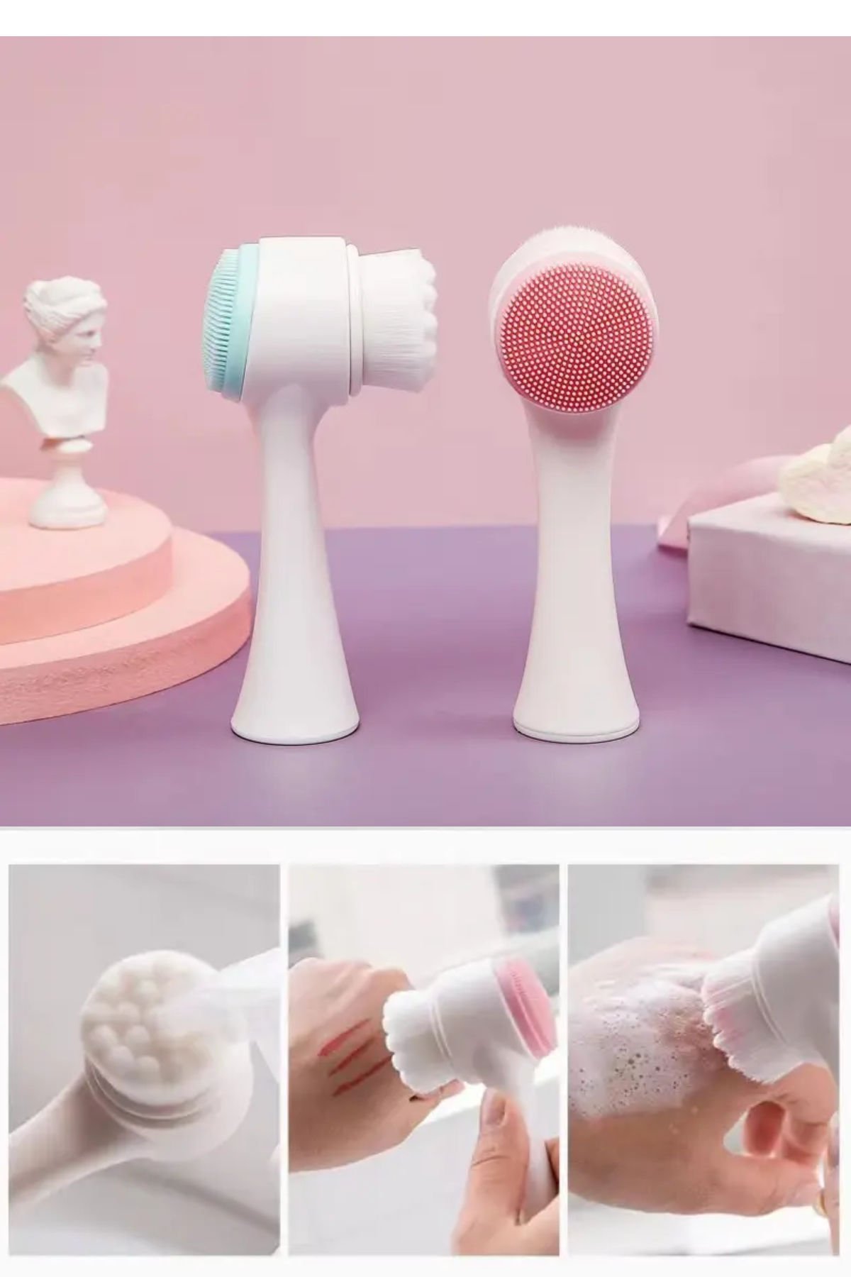 Çift Fonksiyonlu Renkli Cilt Temizleme ve Masaj Fırçası - Peeling ve Gözenek Temizleyici