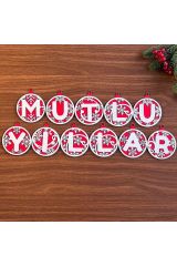 Ahşap, Kırmızı-Beyaz İpli, 11 Harfli 'Mutlu Yıllar' Yılbaşı Ağaç Süsü
