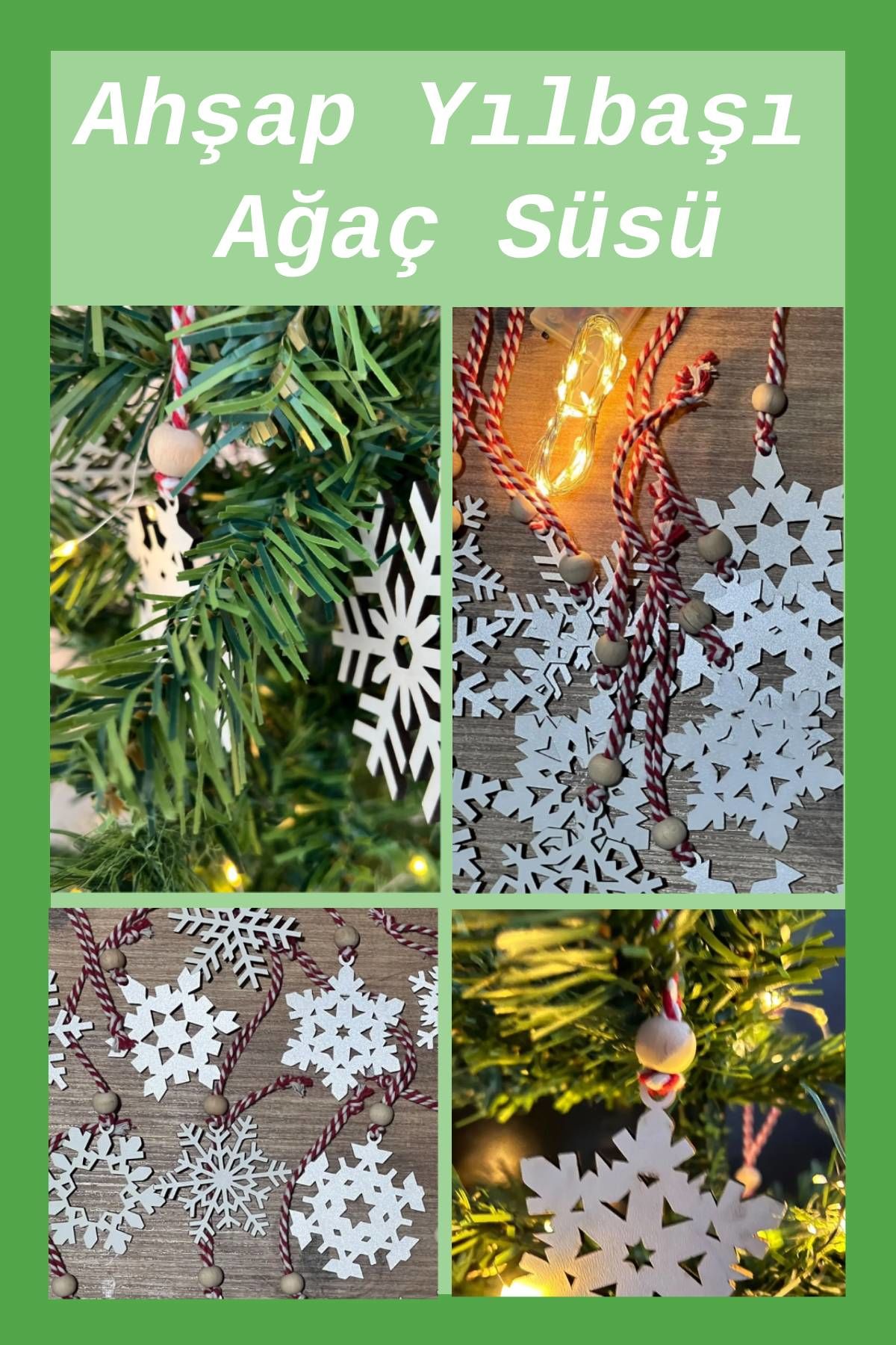 10'lu Kırmızı Beyaz İpli, Kar Tanesi ve Kurdele Desenli Ahşap LED'li Yılbaşı Ağacı Süsleri