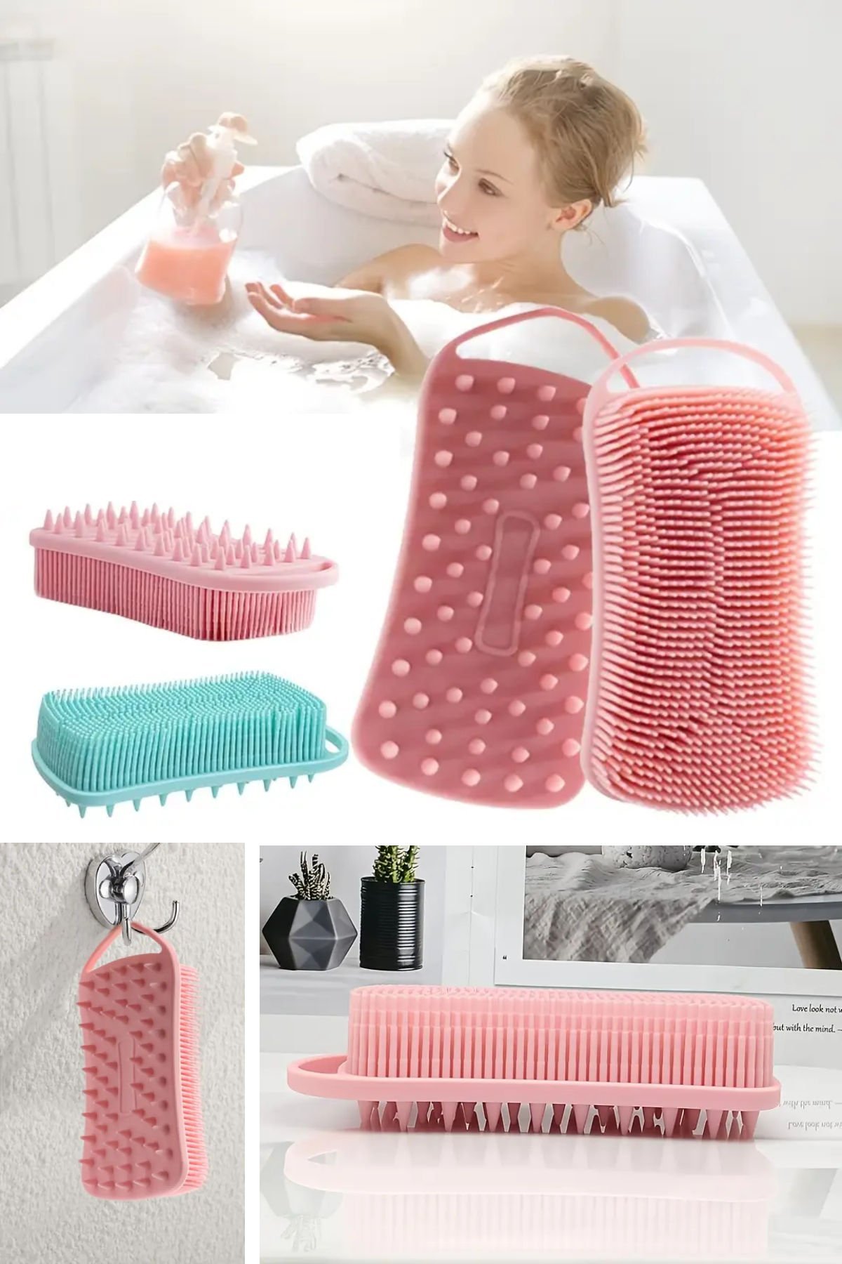 Silikon Vücut Temizleyici ve Peeling Süngeri, Askılı ve Silikonlu Banyo Fırçası