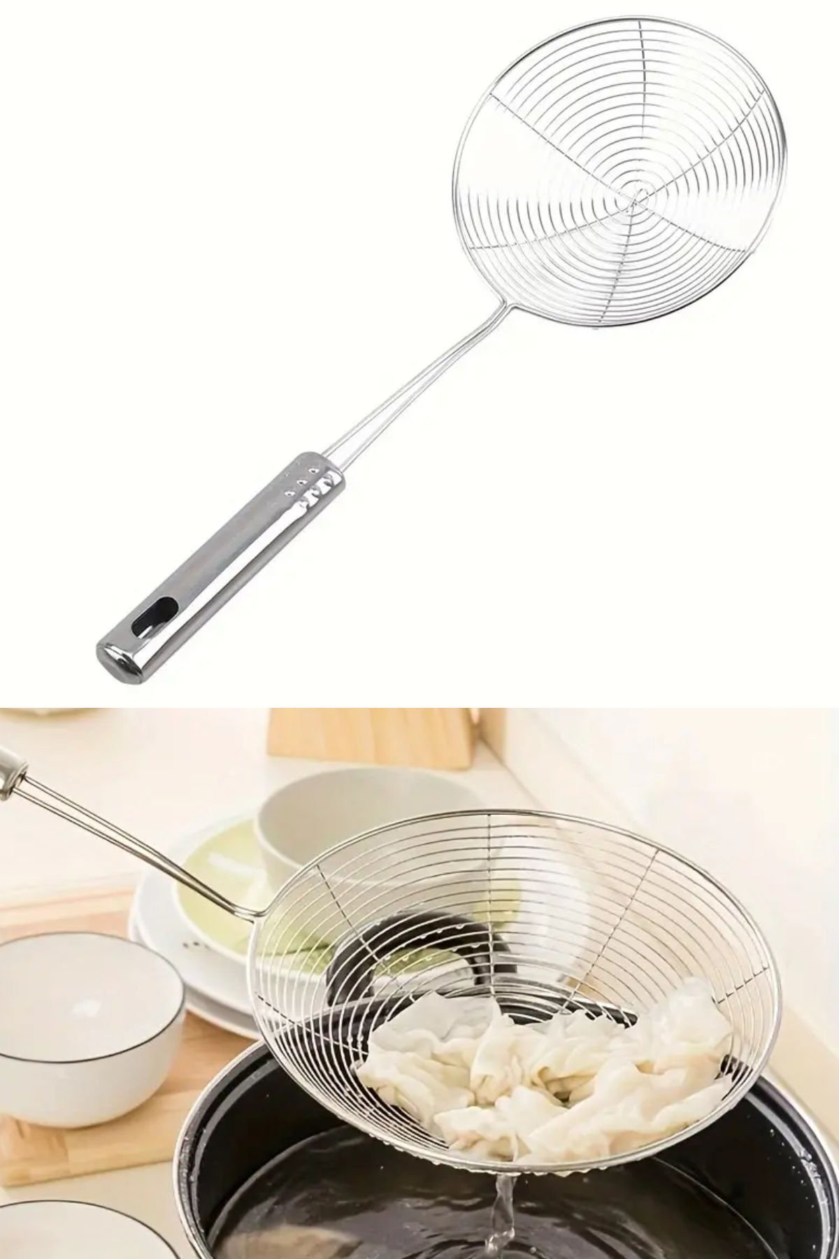 Kızartma ve Pişirme için Saplı Dayanıklı Metal Tel Paslanmaz Çelik Süzgeç Kaşığı 12 CM