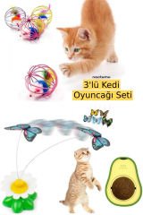 3'lü Kedi Oyuncağı Seti Hareketli Dönen Kelebek, Yenilebilir Kedi Nanesi Otu ve Fareli Kafesli Peluş