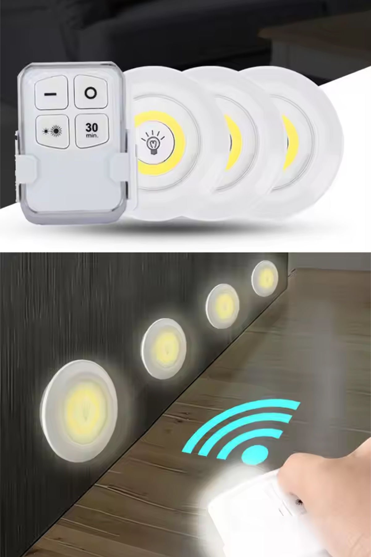 Kablosuz Led Spotlar 3 Adet Kumandalı Kendinden Yapışkanlı Pilli
