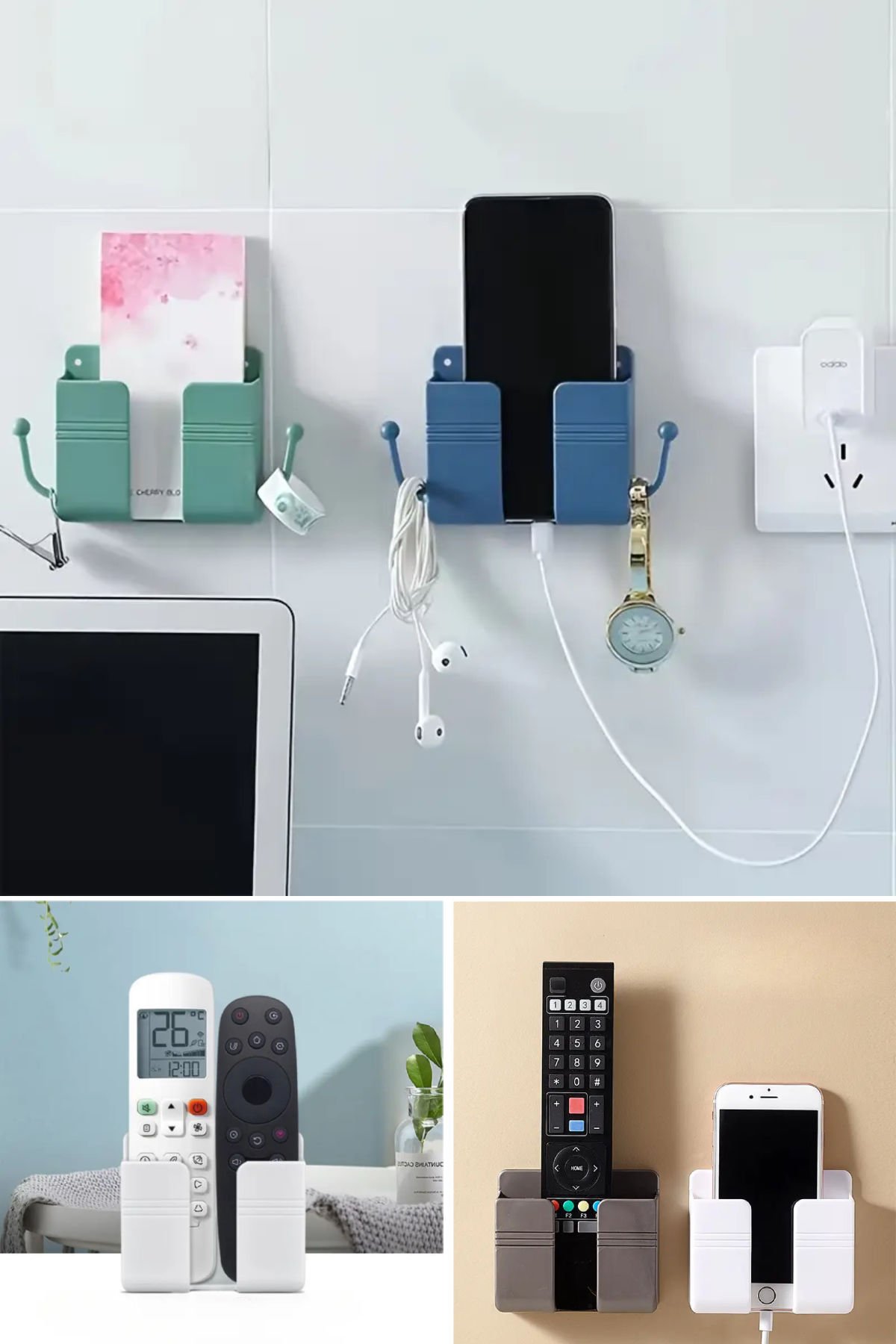 Yapışkanlı Duvar Tipi Telefon ve Kumanda Tutucu – Kablo Düzenleyici Plastik Aparat