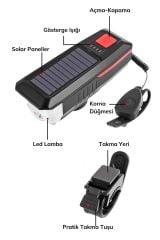 Solar Enerjili USB ile Şarj Edilebilir Ledli Bisiklet Feneri Kornalı ve Su Geçirmez Far