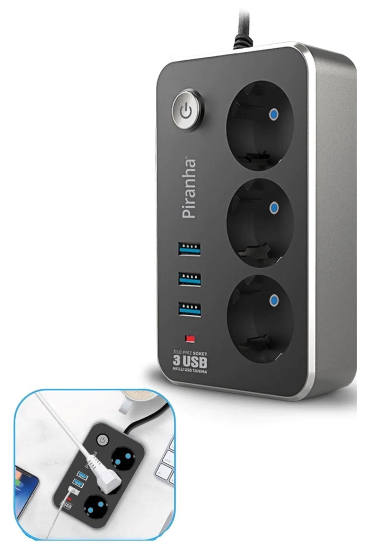 Isıya Dayanıklı 2m Termal Akım Korumalı 10A 2500W 3lü Priz ve 3 USB 21A Uzatma Kablosu