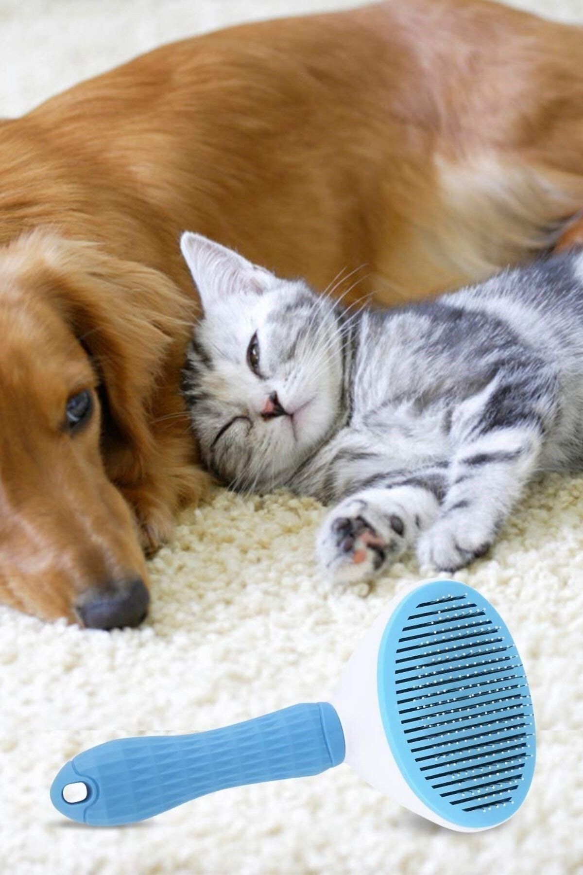 Kedi Köpek Tüy Toplayıcı Kendini Temizleyebilen Ergonomik Saplı Evcil Hayvan Tarağı Mavi