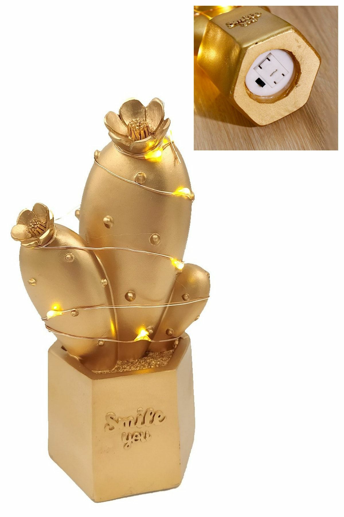 Led Işıklı Sevimli Kaktüs Dekoratif Masa Lambası Mini Biblo Gece Lambası Gold