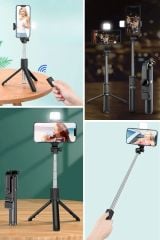 Masaüstü Tripod Olabilen Kendiliğinden Işıklı Telefon Tutuculu Kablosuz Kumandalı Selfie Çubuğu