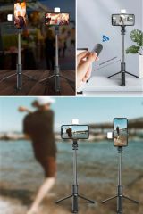 Masaüstü Tripod Olabilen Kendiliğinden Işıklı Telefon Tutuculu Kablosuz Kumandalı Selfie Çubuğu