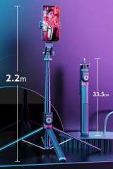 Kamera ve Telefon İçin 2'si 1 Arada, 2.2m Uzayan, Uzaktan Kumandalı Selfie Çubuğu ve Tripod
