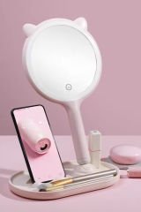 Telefon Standlı Kedi Kulaklı Yuvarlak Dokunmatik Led Ayarlı Masa Üstü Makyaj Aynası