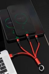 İphone Uyumlu Işıklı Anahtarlık Model 3 in 1 USB Çıkışlı MİKRO TYPE-C Şarj Kablosu