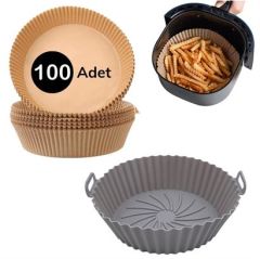 Gri Pişirme Matı 20 Cm Ve 100 Adet Kullan-At Air Fryer Pişirme Kağıdı Yuvarlak Delikli
