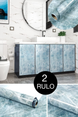 2 Adet Mermer Desenli Masa Tezgah Mutfak Su Geçirmez Yapışkanlı Folyo Sticker Mavi 5x0,6m