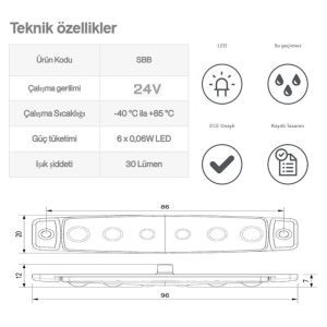 Sanel 24V Üniversal Parmak 6 Led Basamak Kırmızı SBB24R6