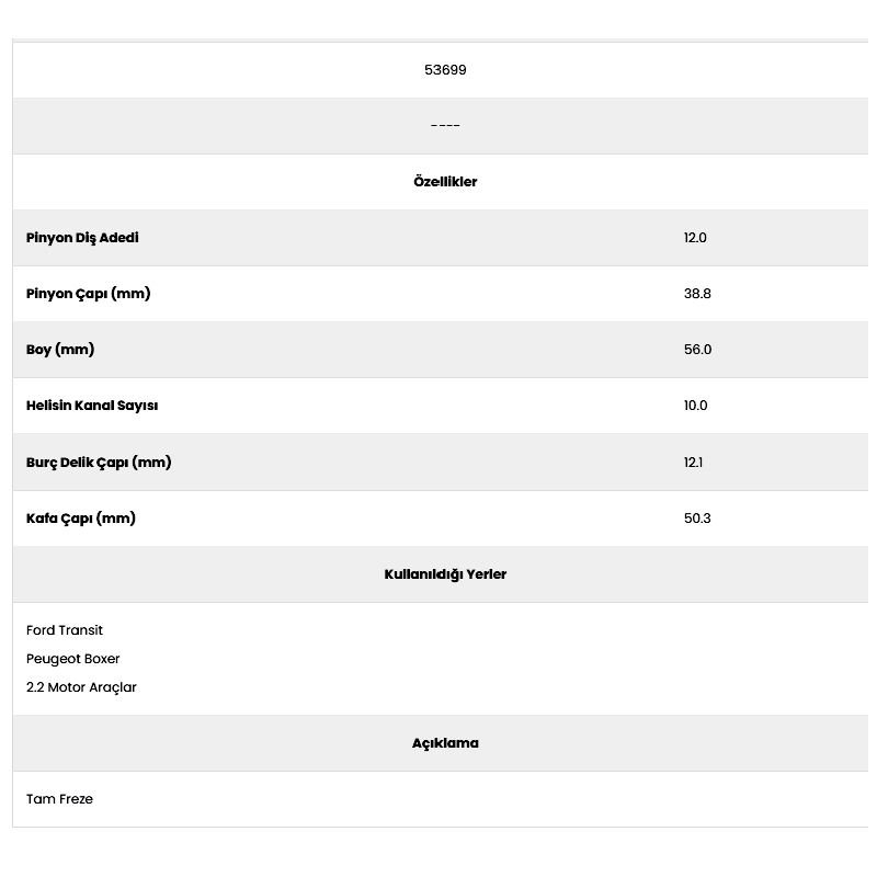 Form Metal 53699 Boxer 2.2 10 Kanal 12 Diş 10062102 Marş Dişlisi