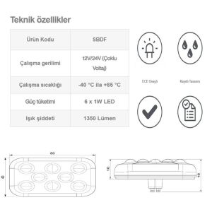 Sanel 12V Universal Kare 6 Led Dış Makan Uyumlu Sarı SBD12Y6