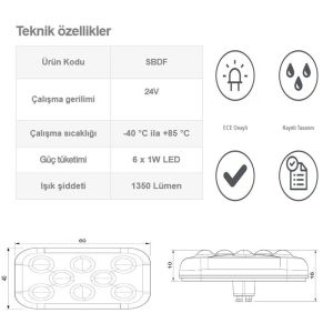 Sanel 24V Universal Kare 6 Led Dış Makan Uyumlu Mavi SBD24B6