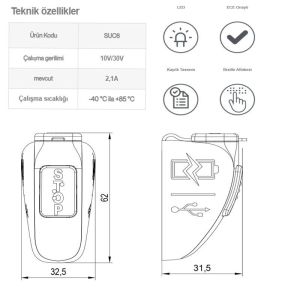 Sanel Stop Butonlu Düz Tip Usb Şarj Ünitesi 12V24V 2A Mavi Ledli SUC6BGR