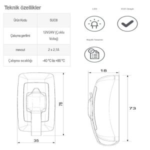 Sanel Usb Şarj Küpteşte Montajlı Çlft Çıkış 12//24V 4.2A Suc8 SUC8B.DG