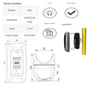 Sanel Usb Şarj Çift Çıkışlı 12/24V 6.3A Type-C Şarj Ünitesi Suc9 SUC9B.DG