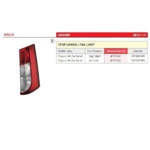 Dacia Dokker Duysuz Sağ Arka Stop Laması 2012> -265500284R