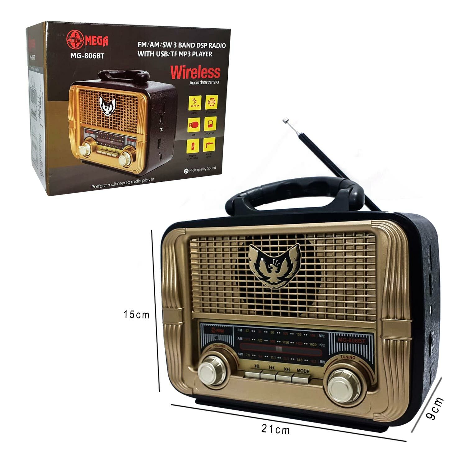 RADYO NOSTALJİ ŞARJLI PİLLİ BT/USB/SD/AUX/FM MEGA MG-806BT