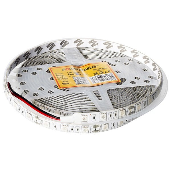 LED SERİT 3 CİPLİ MAVİ DIS MEKAN SİLİKONLU 60 LED 5 METRE FİYATI POWERMASTER (5050)