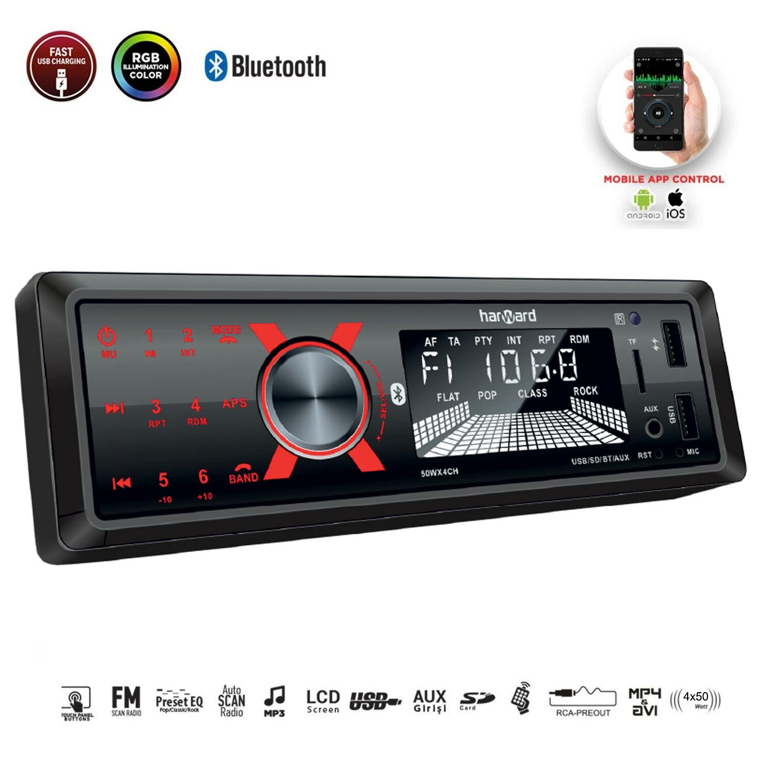 HARWARD HR-MX651 Oto Teyp 4X50 Watt Bluetooth Mobil Aplikasyon 2xUsb Sd Fm Aux