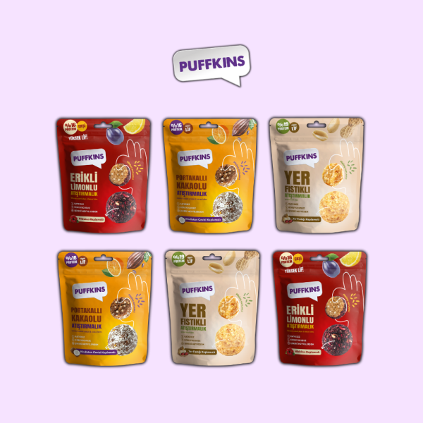 Puffkins Tanışma Paketi (2x Yer Fıstıklı Atıştırmalık, 2x Portakallı Kakaolu Atıştırmalık, 2x Erikli Limonlu Atıştırmalık)