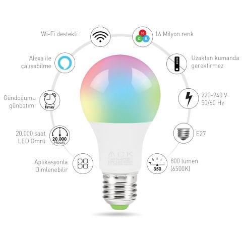 10W 16 Milyon E27 Duy 800 Lümen Wi-Fi Smart Life Ampul