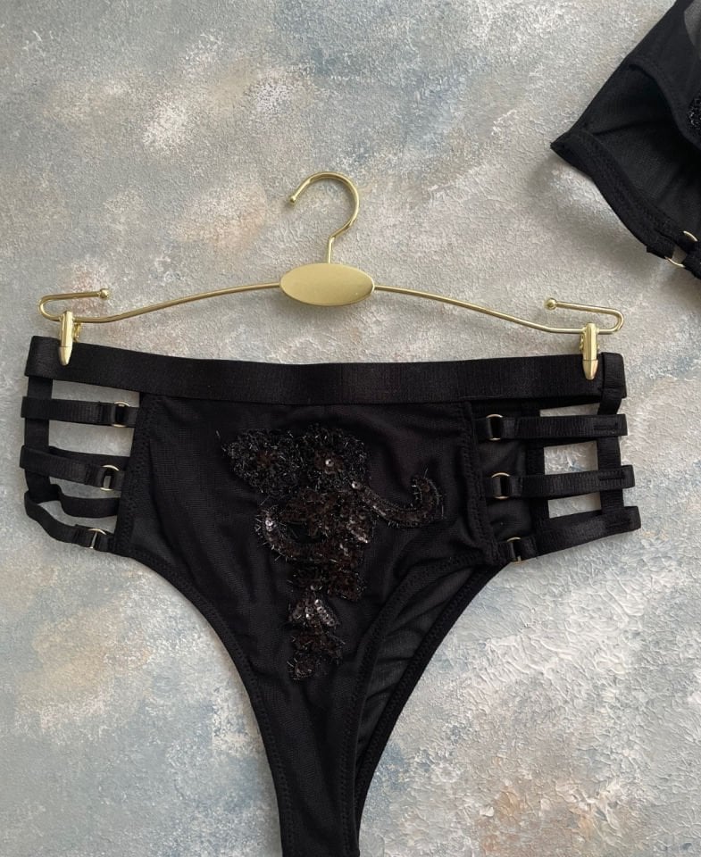 Kadın Simli Güpürden Bralet  Seksi Tanga Takım XL
