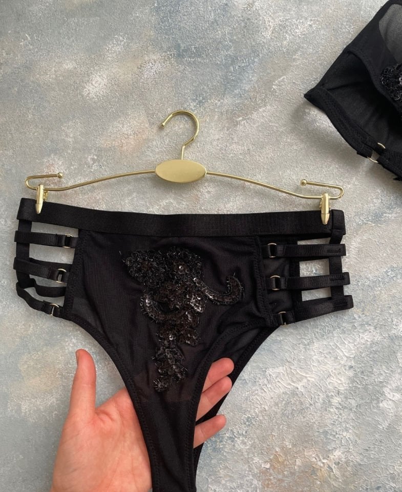 Kadın Simli Güpürden Bralet  Seksi Tanga Takım XL