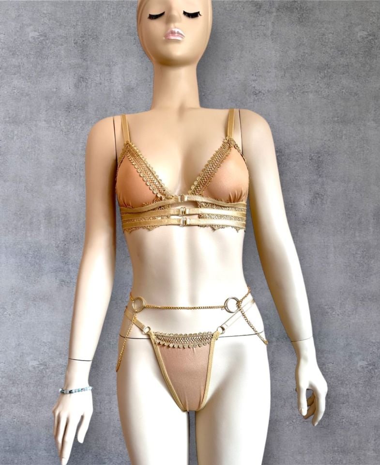 Lipa Bej Zincir Jartiyerli Detaylı Balensiz Seksi Jartiyer Takım Bej - S