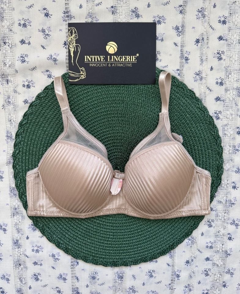 Evelyn Parlak Saten Çizgi Detaylı C cup Balenli Desteksiz Önü Tül Detaylı Şık Sütyen Bej - 85C