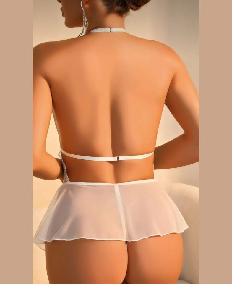 Intive Beyaz Önü Çapraz Dekolteli Dantel Tül Detaylı Volanlı Gecelik/Tulum Beyaz - L/XL