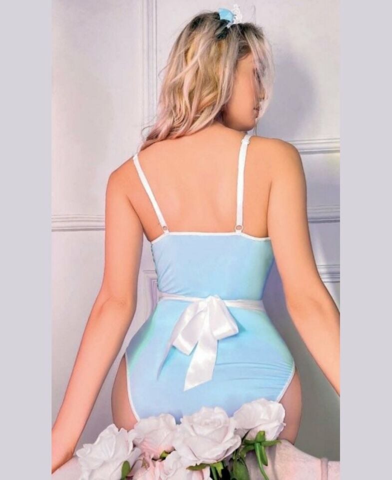 Kadın Mavi Kırmızı Önlüklü Bodysuit Hizmetçi Tasarım Jartiyer Takım-3600 Mavi - L/XL