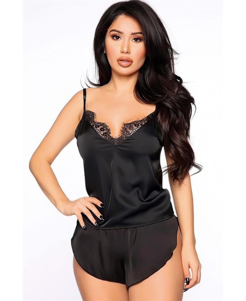 Siyah Sırt Dekolteli Saten Yazlık Büstiyer Mini Şort Fantezi Takım -3359 Siyah - XL