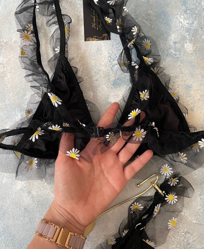 Kadın Siyah Papatya Desenli Tül Detaylı Bralet Takım M/L