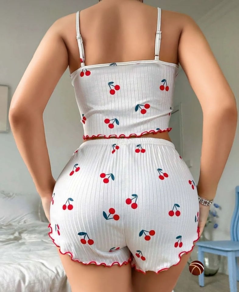 Lily Beyaz Kırmızı Kiraz Desenli %100 Pamuk İnce Askılı Büstiyer Şort Takım Beyaz - L/XL