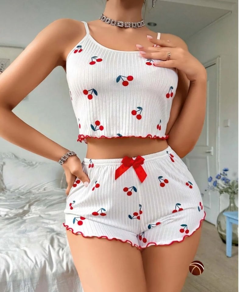 Lily Beyaz Kırmızı Kiraz Desenli %100 Pamuk İnce Askılı Büstiyer Şort Takım Beyaz - L/XL