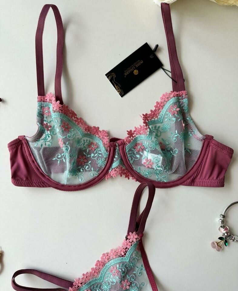 Elsie Bordo Mavi Çiçekli Sütyen Takım (Özel Üretim) Bordo/Mavi - 75B