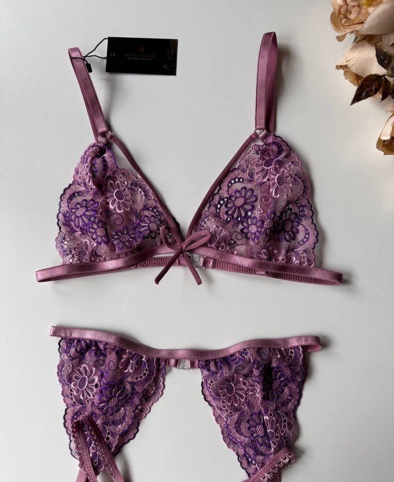 Veronica Pembe/Mor Çiçek Desenli Üçlü Seksi Jartiyer Takım -3451 Mor - S/M